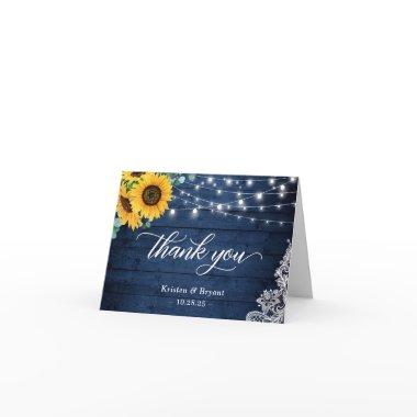 Rustic Navy Blue Sunflower String Lights Lace Thank You Invitations