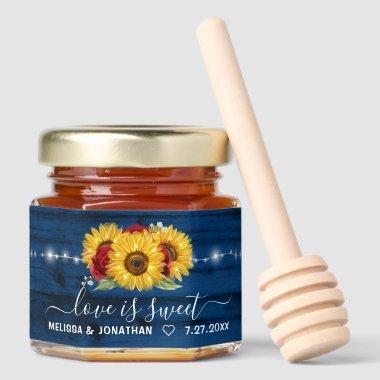 Rustic Navy Blue Wood Sunflower Red Rose Wedding Honey Jar Favors