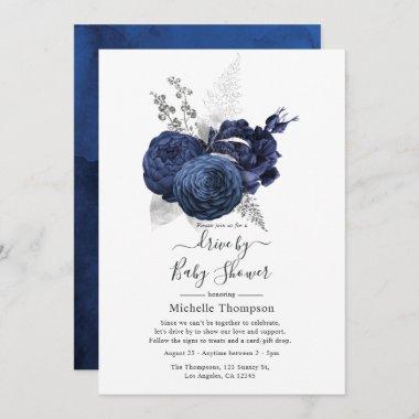 Rustic Navy & Faux Glitter Silver Drive By Shower Invitations