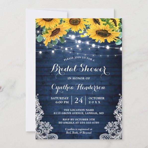 Rustic Navy String Lights Sunflowers Bridal Shower Invitations
