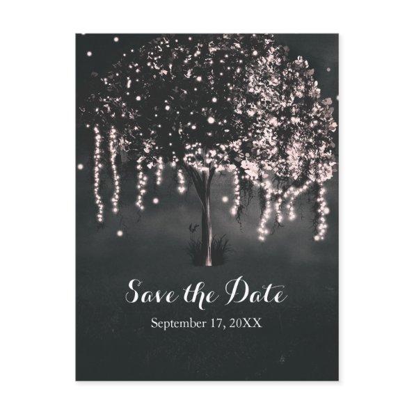 Rustic Night Mossy Tree Lights Save the Date Announcement PostInvitations