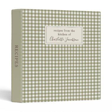 Rustic Olive Green Gingham Plaid Monogram Recipe 3 Ring Binder