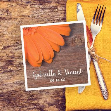 Rustic Orange Daisy and Barn Wood Country Wedding Paper Napkins