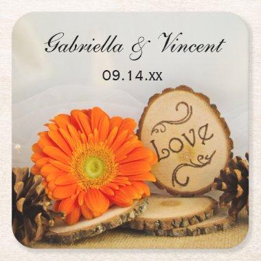 Rustic Orange Daisy Woodland Wedding Square Paper Coaster