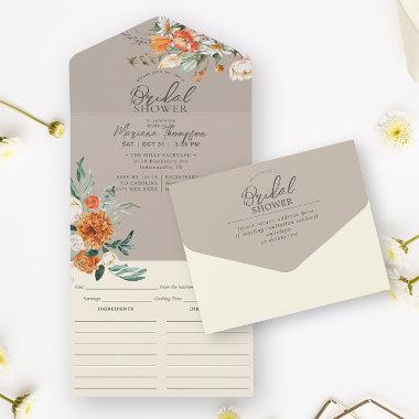 Rustic Orange Floral Taupe Bridal Shower & Recipe All In One Invitations