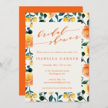 Rustic Orange Watercolor Botanical Bridal Shower Invitations