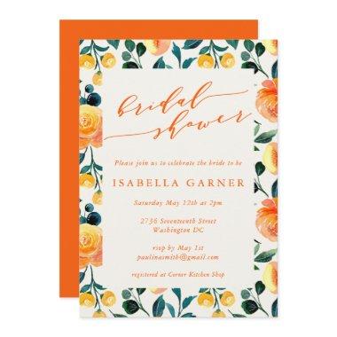 Rustic Orange Watercolor Botanical Bridal Shower Invitations