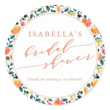 Rustic Orange Watercolor Floral Bridal Shower Classic Round Sticker