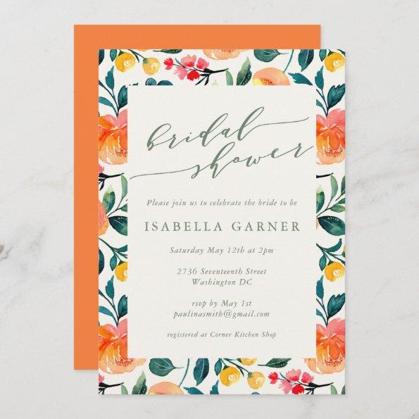 Rustic Orange Watercolor Flowers Bridal Shower Invitations