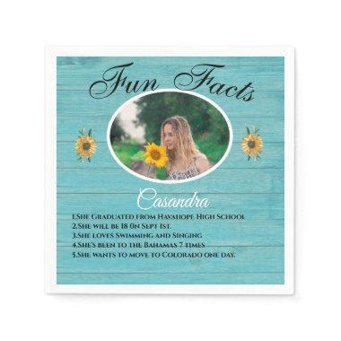 Rustic Party Fun Fact Sunflower Teal Wood Napkins