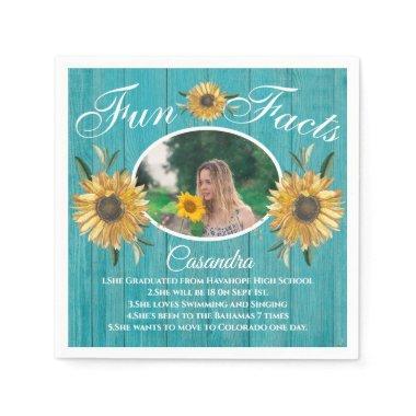 Rustic Party Fun Fact Sunflower Teal Wood Napkins