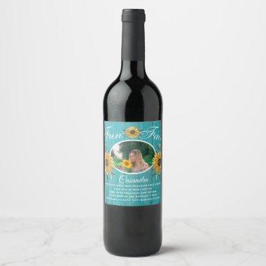 Rustic Party Fun Fact Sunflower Teal Wood Wine Label