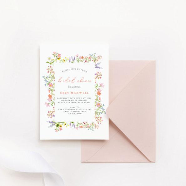 Rustic Pastel Wildflower Frame Bridal Shower Invitations