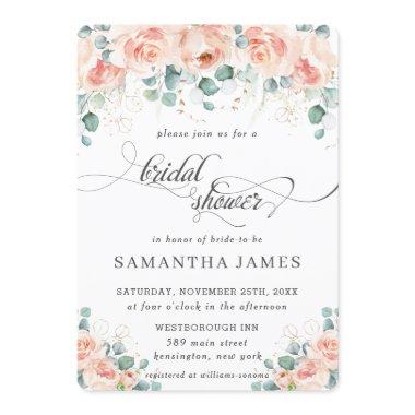 Rustic Peach Floral Roses Greenery Bridal Shower Invitations