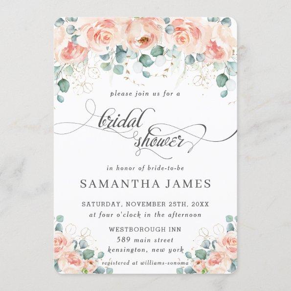 Rustic Peach Floral Roses Greenery Bridal Shower Invitations