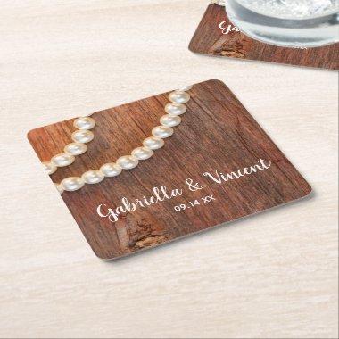 Rustic Pearls and Barn Wood Country Wedding Square Paper Coaster