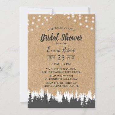 Rustic Pine Trees & String Lights Bridal Shower Invitations