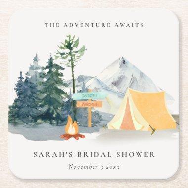 Rustic Pine Woods Camping Mountain Bridal Shower Square Paper Coaster