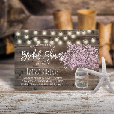 Rustic Pink Baby's Breath Floral Jar Bridal Shower Invitations