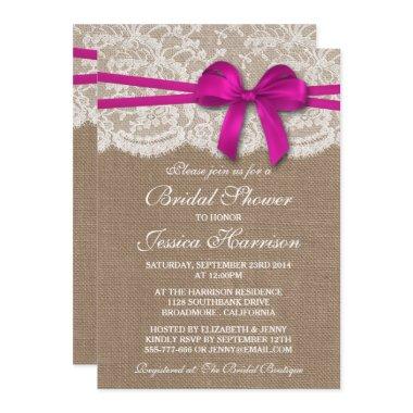 Rustic Pink Bow, Burlap & Lace Bridal Shower Invitations