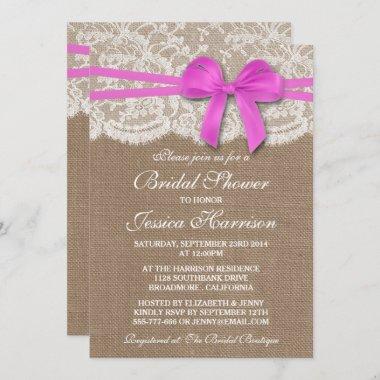 Rustic Pink Bow, Burlap & Lace Bridal Shower Invitations
