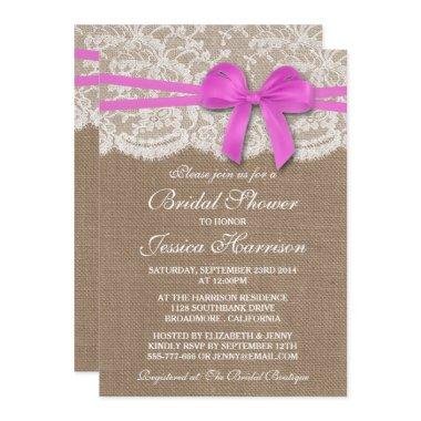 Rustic Pink Bow, Burlap & Lace Bridal Shower Invitations