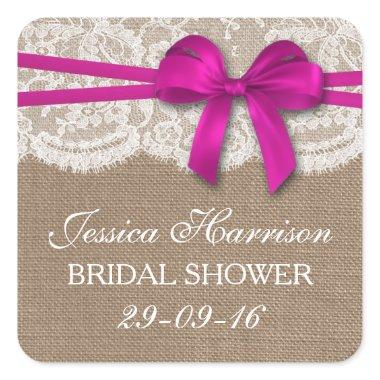 Rustic Pink Bow, Burlap & Lace Bridal Shower Square Sticker