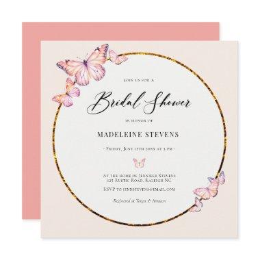 Rustic Pink Butterflies Boho Frame Bridal Shower Invitations