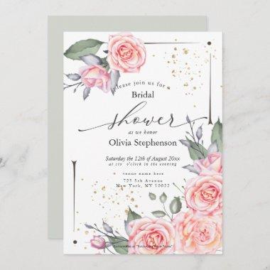 Rustic Pink Cottage Roses Bridal Shower Invitations
