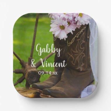 Rustic Pink Daisies Cowboy Boots Wedding Paper Plates