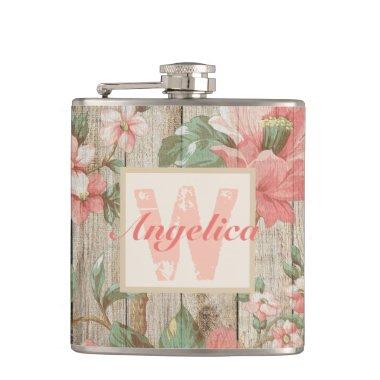 Rustic Pink Floral Barn Wood Monogram Flask