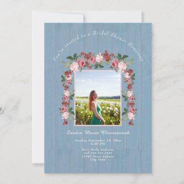 Rustic Pink Floral Dusty Blue Bridal Shower Invitations