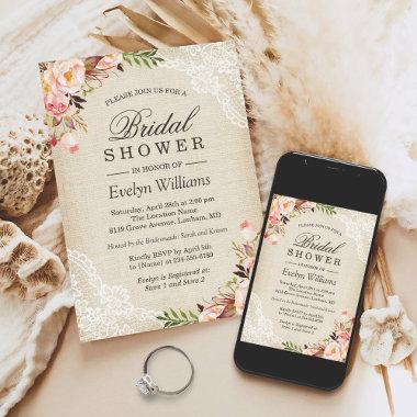 Rustic Pink Floral Ivory Burlap Lace Bridal Shower Invitations