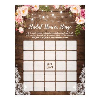 Rustic Pink Floral Lace Bridal Shower Bingo Game Flyer