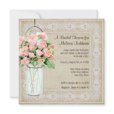 Rustic Pink Floral Mason Jar Roses Bridal Shower Invitations