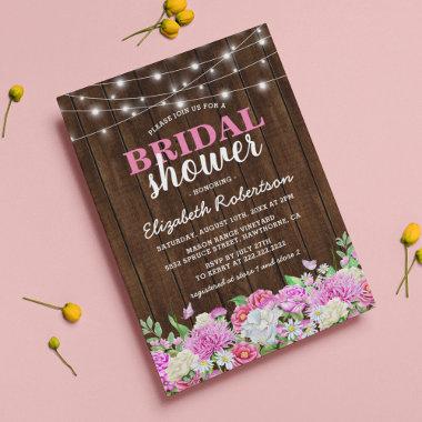 Rustic Pink Floral String Lights Bridal Shower Invitations