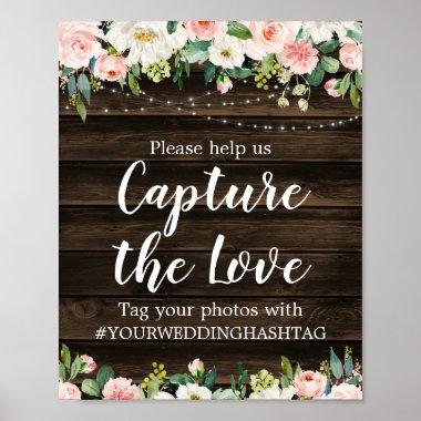 Rustic Pink Floral String Lights Wedding Hashtag Poster