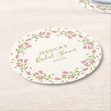 Rustic Pink Garden Flowers Custom Bridal Shower Round Paper Coaster