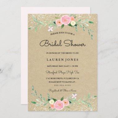 Rustic Pink Glitter Floral Bridal Shower Invitations