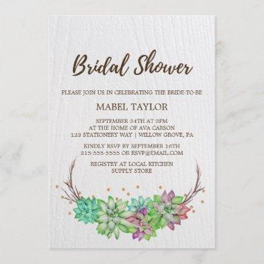 Rustic Pink & Mint Floral Succulent Bridal Shower Invitations