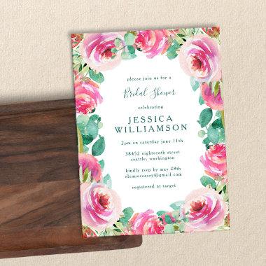 Rustic Pink Roses Floral Watercolor Bridal Shower Invitations