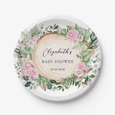 Rustic Pink Roses Greenery Baby Shower Decor Paper Plates