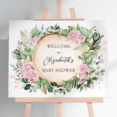 Rustic Pink Roses Greenery Baby Shower Welcome Poster
