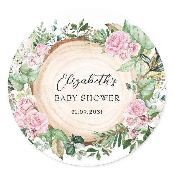 Rustic Pink Roses Greenery Garden Baby Girl Shower Classic Round Sticker