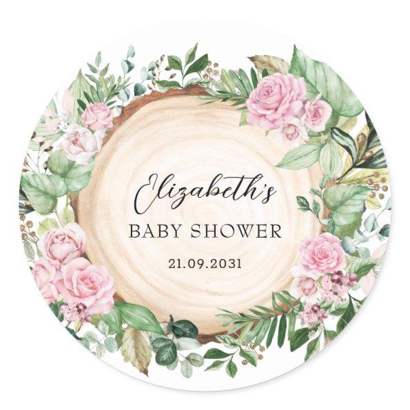 Rustic Pink Roses Greenery Garden Baby Girl Shower Classic Round Sticker