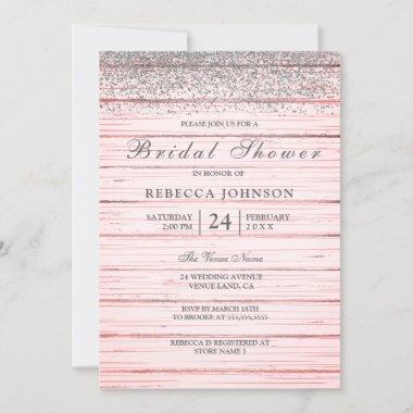 Rustic Pink Wood Silver Glitter Bridal Shower Invitations