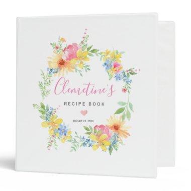 Rustic Pink Yellow Watercolor Floral Recipe Book 3 Ring Binder