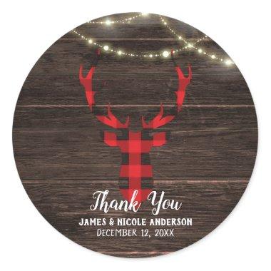 Rustic Plaid Deer Antlers Wood & Lights Favor Classic Round Sticker