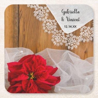 Rustic Poinsettia and Lace Country Winter Wedding Square Paper Coaster