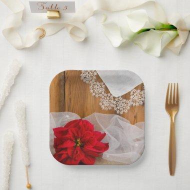 Rustic Poinsettia and Lace Winter Country Wedding Paper Plates